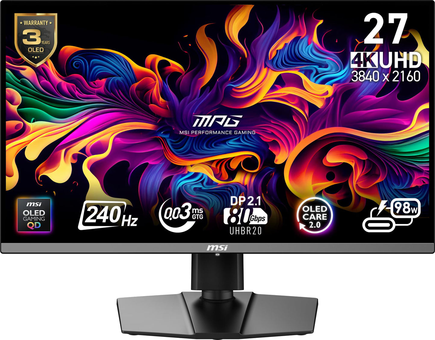 MSI Monitor MSI MPG 272URX QD-OLED 27" Gaming / 4K Matte Panel QD-OLED 3840X2160 16:9 240 ?? 0.03 Ms Swivel Pivot Height Adjustable Tilt Colour Black